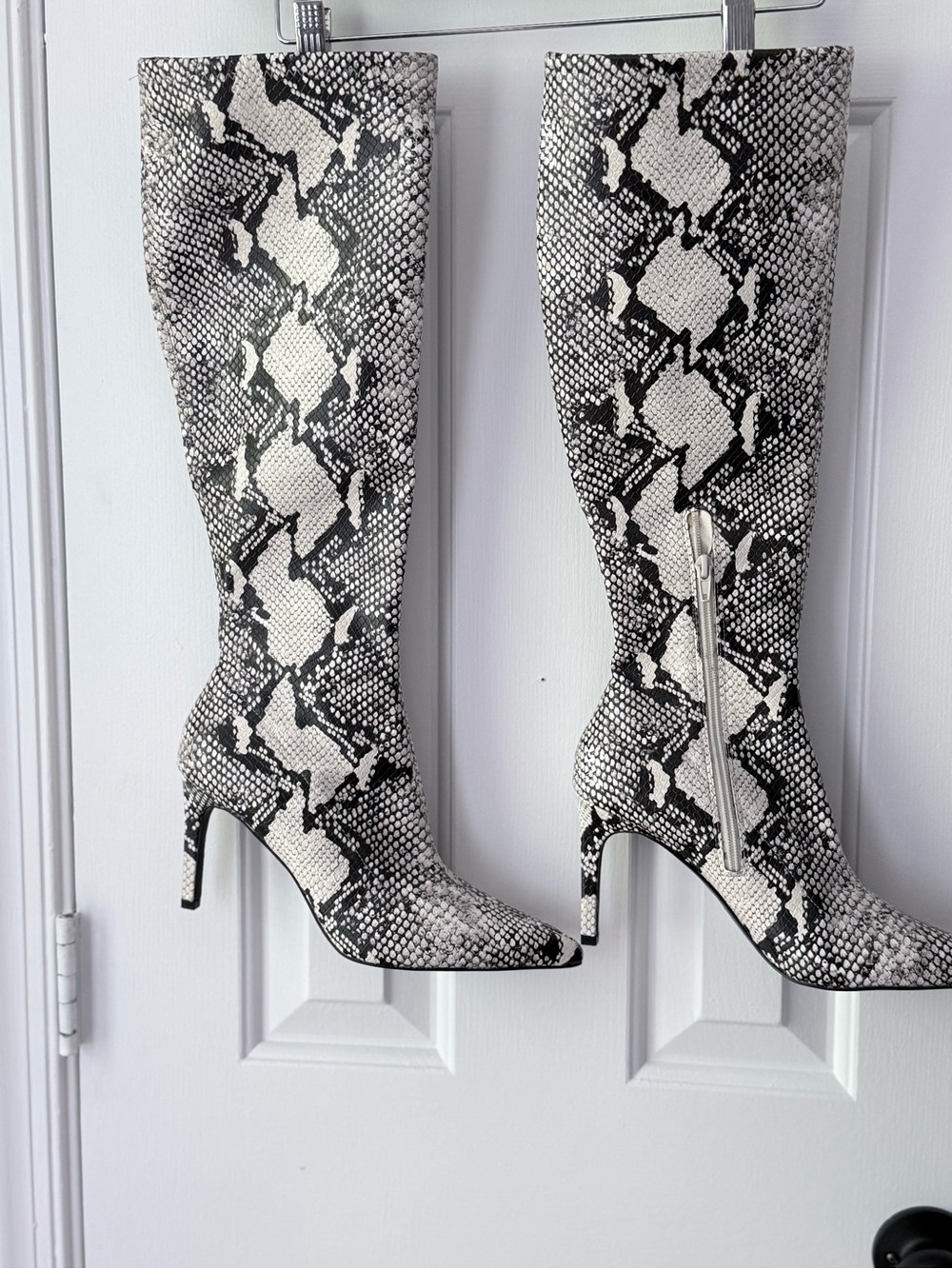 Snake-Print Over-the-Knee Stiletto Boots - Black & White